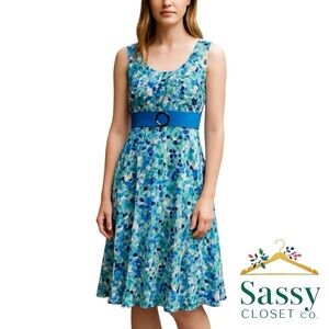 Midi Dress – PERCEPTIONS Blue & Green Print, Sleeveless, Sz M, Excellent